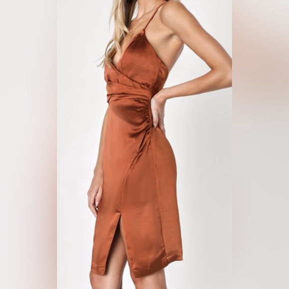 Lulu’s Bronze Satin Surplice Faux-Wrap Dress Size M. NWT. - Picture 4 of 8